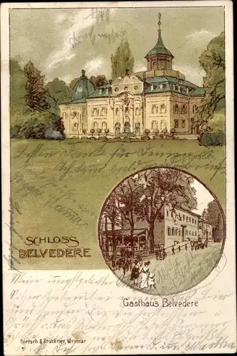 Litho Weimar in Thüringen, Schloss und Gasthaus Belvedere