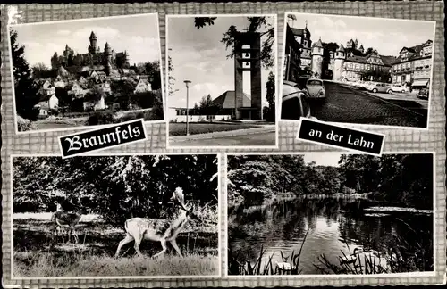 Ak Braunfels in Hessen, Schloss, Fachwerkhäuser am Marktplatz, Uferpartie