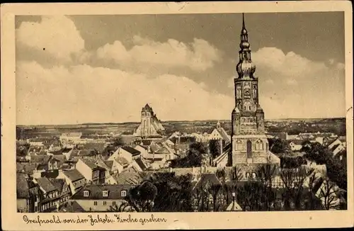 Ak Greifswald in Mecklenburg Vorpommern, Teilansicht der Stadt von der Jakobikirche gesehen
