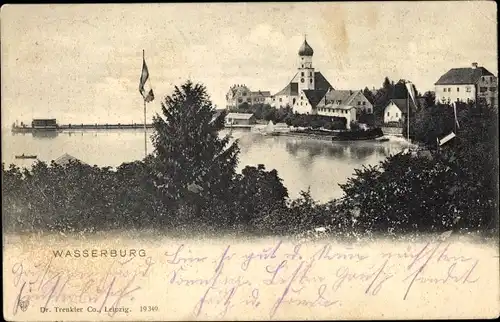 Ak Wasserburg am Bodensee Schwaben, Bootsanlegestelle, Kirche