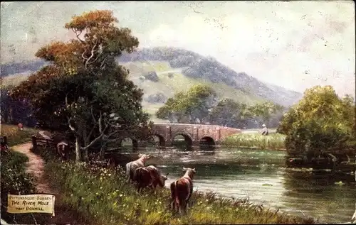 Künstler Ak The River Mole near Boxhill, Rinder, Brücke, Landschaft