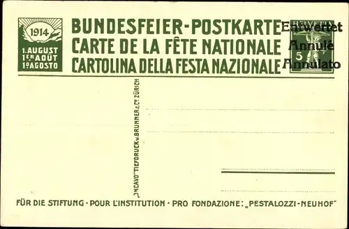 Ganzsachen Ak Stans Kt. Nidwalden Schweiz, Pestalozzi, Bundesfeier 1914