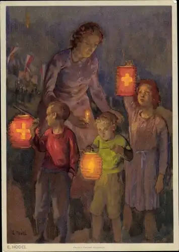 Künstler Ak Hodel, E., Bundesfeier 1947, Mutter, Kinder, Laternen