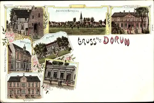 Litho Dorum Wurster Nordseeküste Landkreis Cuxhaven, Volksschule, Apotheke, Postamt, Hotel