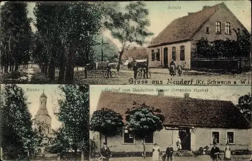 Ak Nowa Wieś Neudorf an der Warthe, Schule, Kirche, Gasthof zum Deutschen Kaiser