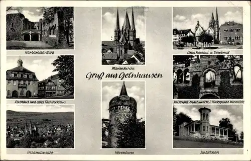 Ak Gelnhausen in Hessen, Marienkirche, Barbarossa Burg, Hexenturm, Altes Rathaus, Kaiserplatz