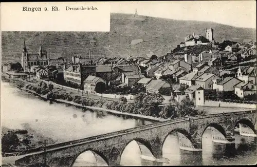 Ak Bingen am Rhein, Panorama vom Ort mit Drususbrücke
