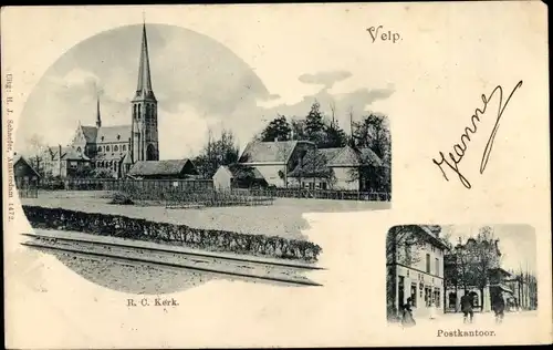 Ak Velp Gelderland, R.C. Kerk, Postkantoor