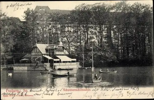 Ak Freiberg in Sachsen, Schwanenschlösschen, Seepartie, Ruderboote