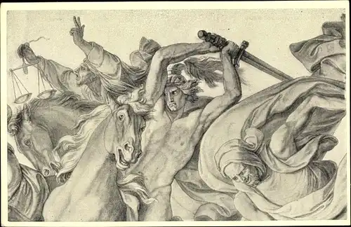 Künstler Ak Cornelius, Peter, Krieg, Tod und Feuerung, Kunstwartpostkarte, Reiter mit Schwert
