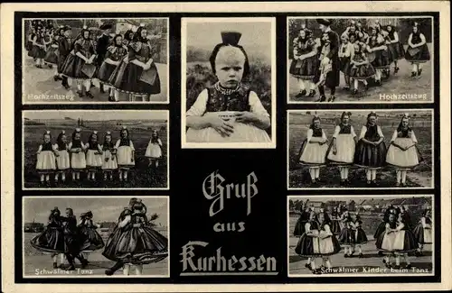 Ak Gruß aus Kurhessen, Schwälmer Kinder beim Tanz, Hochzeitszug, Volkstrachten