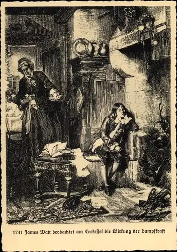 Künstler Ak Dampfkesselfabrik Uebigau, James Watt beobachtet Teekessel