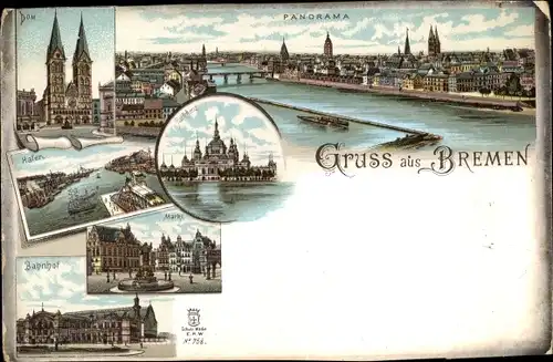 Litho Hansestadt Bremen, Dom, Hafen, Markt, Bahnhof, Parkhaus, Panorama