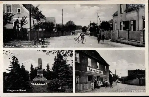 Ak Kraupa Bad Liebenwerda in Brandenburg, Dorfstraße, Kolonialwarenhandlung, Kriegerdenkmal