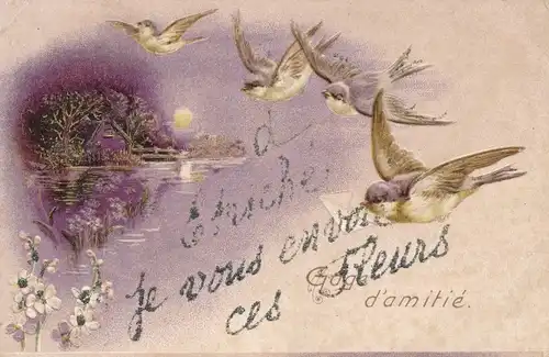 Glitzer Präge Ak Etriche Maine et Loire, Gage d'amitie, fleurs, oiseaux