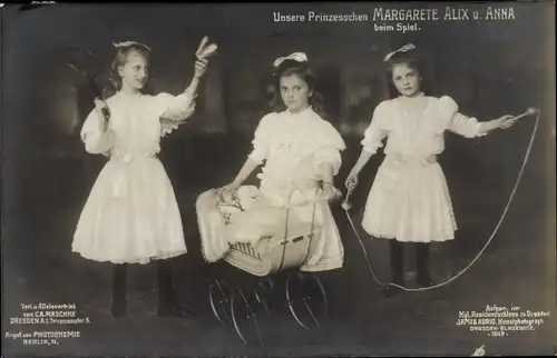 Ak Prinzessinnen Margarete, Alix und Anna von Sachsen, Kinderwagen