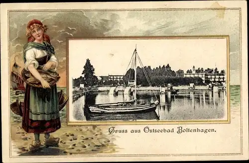 Passepartout Ak Ostseebad Boltenhagen, Fischerin, Segelboot