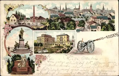 Litho Essen im Ruhrgebiet Nordrhein Westfalen, Blick auf den Ort, Denkmal, Villa Krupp