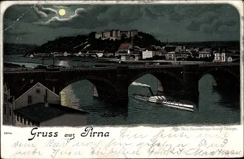 Mondschein Litho Pirna an der Elbe, Brücke, Blick auf den Ort