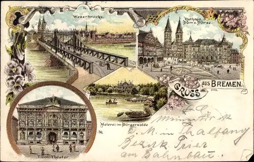 Litho Hansestadt Bremen, Meierei, Rathaus, Dom, Börse, Tivoli Theater