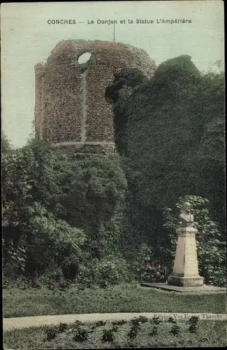 Ak Conches Eure, Le Donjon et la Statue L'Amperiere