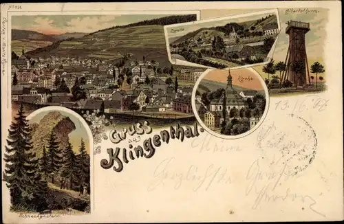 Litho Klingenthal im Vogtland Sachsen, Aussichtsturm, Kirche, Blick auf den Ort