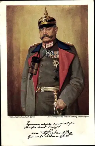 Künstler Ak Paul von Hindenburg in Uniform, Säbel, Fernglas, Pickelhaube