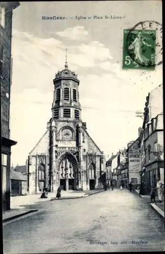 Künstler Ak Honfleur Calvados, Eglise et Place St. Leonard, Papeterie