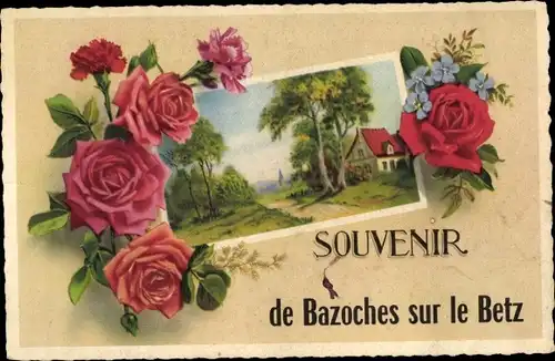 Passepartout Ak Bazoches-sur-le-Betz Loiret, Souvenir, Rosen, Haus