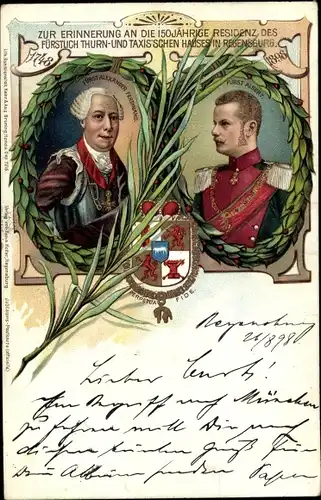 Präge Wappen Litho Fürst Alexander Ferdinand, Fürst Albert, Thurn und Taxis