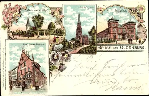 Litho Oldenburg im Herzogtum Oldenburg, Turnhalle, Kirche, Gertrudenkirchhof