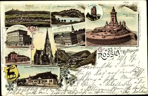 Litho Roßla Südharz am Kyffhäuser, Kaiser Wilhelm Denkmal, Dr. Stremmes Pädagogium, Schloss