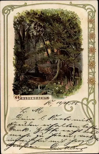 Litho Waldandacht, Waldpartie, Reh, Kitsch