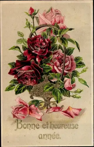 Präge Litho Glückwunsch Neujahr, Rosenblüten