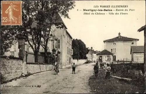 Ak Martigny les Bains Vosges, Entree du Parc, Hotel du Chateau, Villa des Fleurs