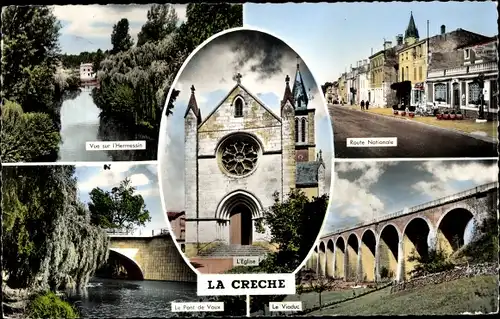 Ak La Crèche Deux Sevres, L'Eglise, Le Viaduc, Le Pont de Vaux, Route National