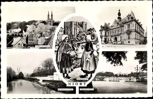 Ak Niort Deux Sèvres, L'Eglise Saint Andre, L'Hotel de Ville, Les bords de la Sevre