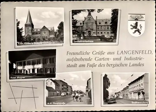 Ak Langenfeld im Rheinland, Kirche, Landeskrankenhaus, Stadtverwaltung, Hauptstraße, Wappen