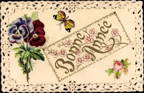 Litho Glückwunsch Neujahr, Schmetterling, Rose, Stiefmütterchen