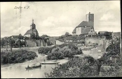 Ak Lauffen am Neckar, Panorama, Burg, Kirche, Ruderer
