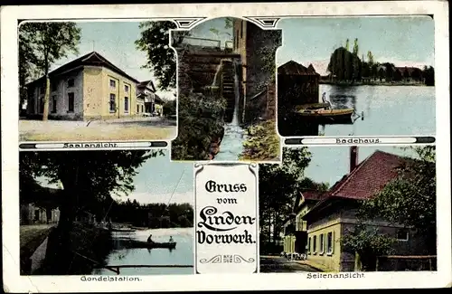 Ak Lindenvorwerk Kohren Sahlis in Sachsen, Badehaus, Saalansicht, Wassermühle, Gondelstation