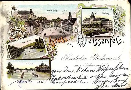 Litho Weißenfels Weissenfels Saale, Glückwunsch Neujahr, Markt, Schloss, Brücke