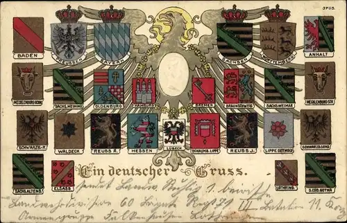 Präge Wappen Litho Ein deutscher Gruß, Anhalt, Württemberg, Reuss, Lippe, Hessen, Lübeck