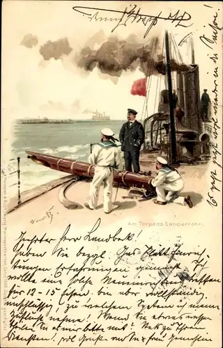Künstler Litho Bohrdt, Hans, Deutsche Matrosen am Torpedo Lazierrohr, Meissner Buch 1000