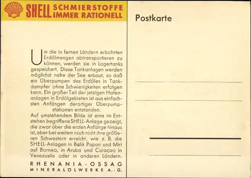 Künstler Ak Merker, W., Shell Erdöl Umschlagplatz, Rhenania Ossag, Werbung