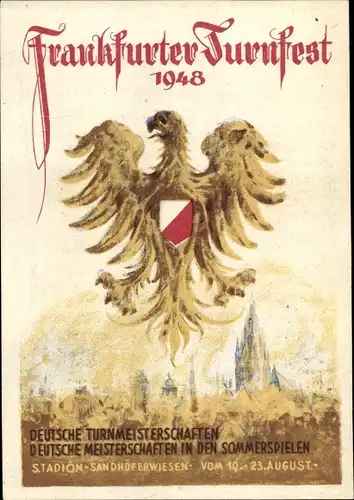 Künstler Wappen Ak Frankfurt am Main, Turnfest 1948, Adler, Stadtbild