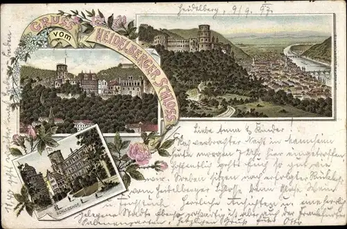 Litho Heidelberg am Neckar, Schloss, Blick auf den Ort