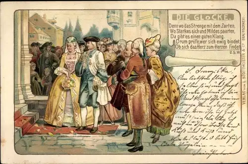 Litho Paar bei der Hochzeit, Die Glocke, Denn wo das Strenge mit dem Zarten, Friedrich Schiller