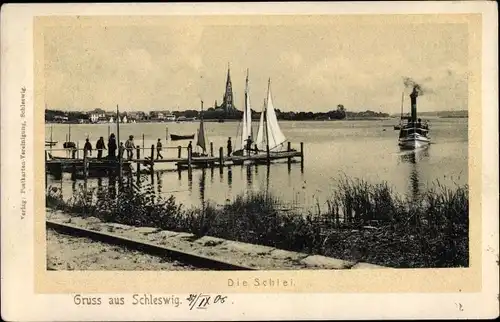 Ak Schleswig an der Schlei, Dampfer, Segelboote, Anlegestelle, Blick auf den Ort