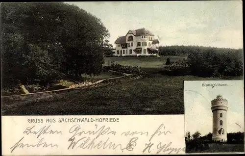 Ak Sachsenwald Hofriede Aumühle im Herzogtum Lauenburg, Bismarckturm, Villa